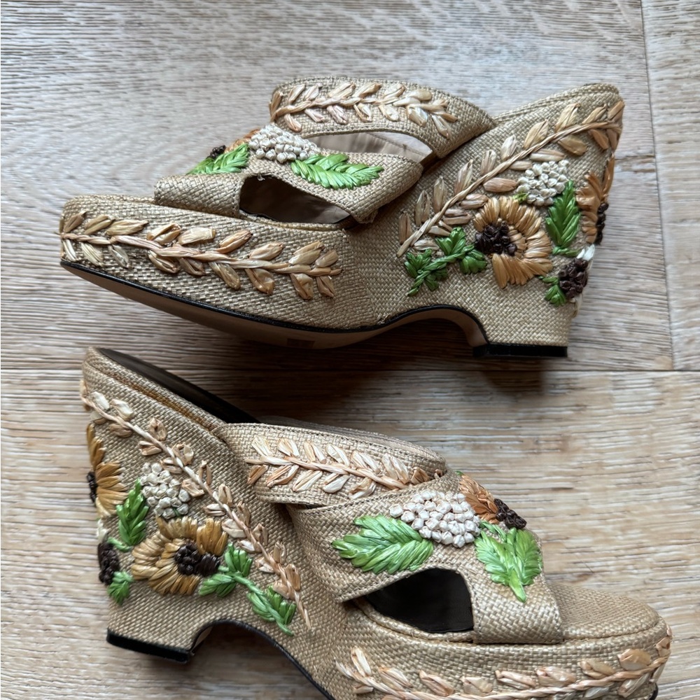 STRAW Bohemian Embroidered wedges sz7.5 Made Italy Isabella Fiore NEW PriceFirm - Picture 8 of 12